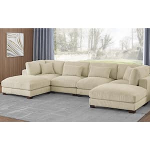 144 in. Square Arm Polyester Corduroy U-Shaped Modular Chaise Deep-Seated Oversized 6-Pieces Sectional Sofa in Beige
