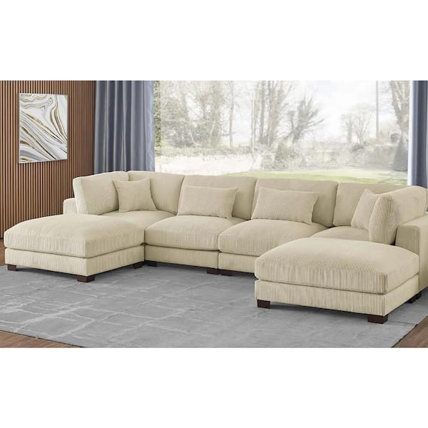 Monland 144 in. Square Arm Polyester Corduroy U-Shaped Modular Chaise Deep-Seated Oversized 6-Pieces Sectional Sofa in Beige