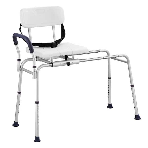 White Aluminum Sliding Tub Transfer Bench Shower Chair & Cut-Out Seat Reversible Backrest