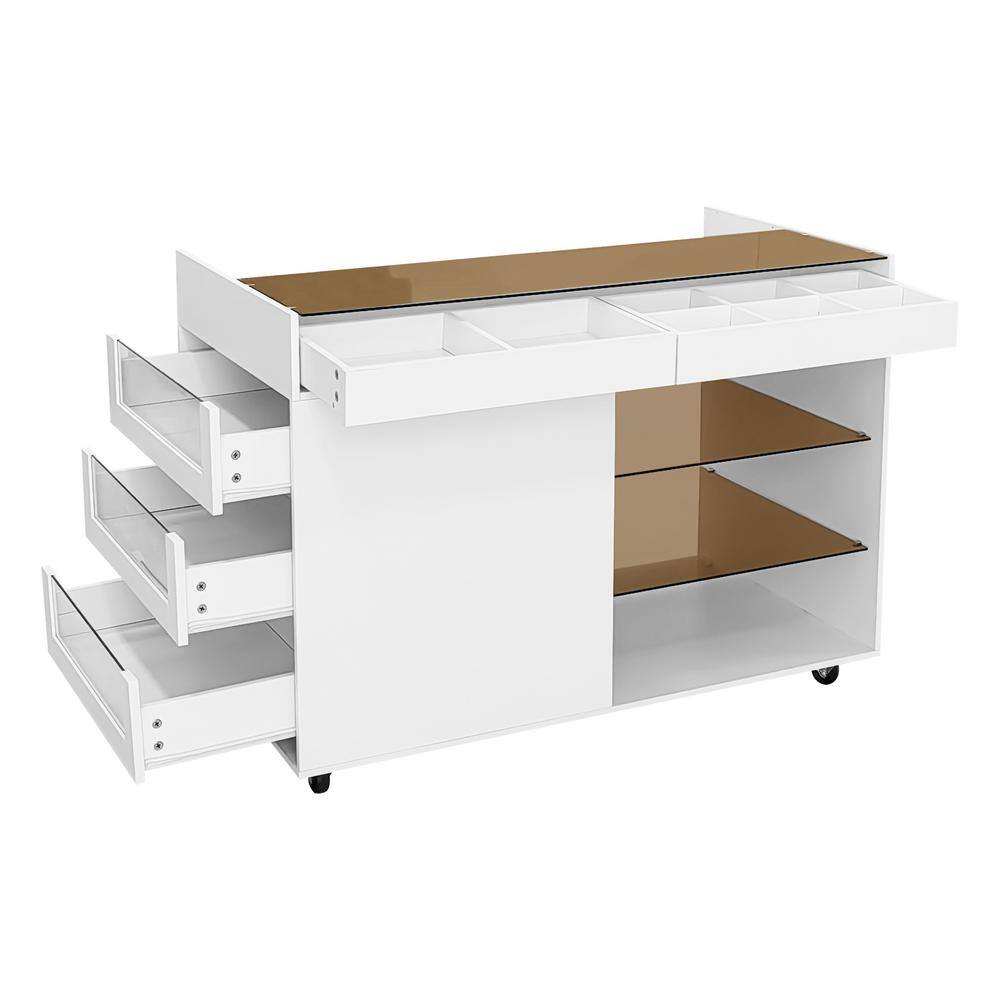 White Wood 43.3 in. Kitchen Island with 3 Side Storage Drawer, a Reversible Top Storage Space and 2 Shelves