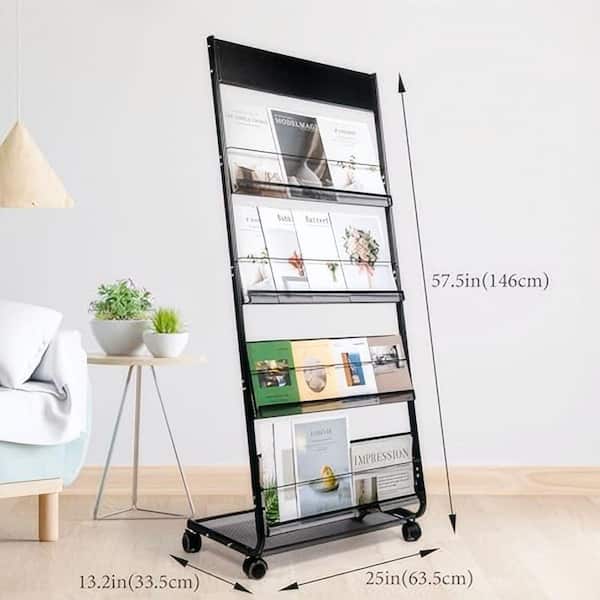 4-Layer Black 25 in x 58 in Metal Floor Freestanding Magazine Rack