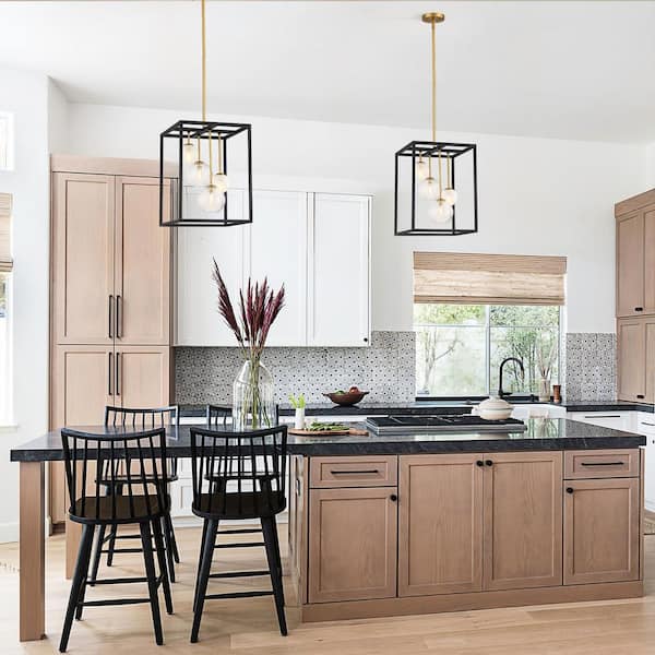 4 Light Black and Gold Metal Pendant Light with Globe Glass Shades for Kitchen Island, No Bulbs Included