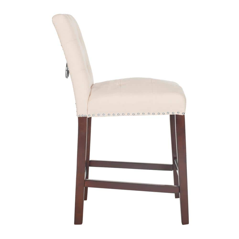 Beige Tufted Linen Transitional Counter Stool with Chrome Accents, Set of 2