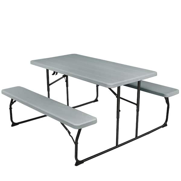 Gymax Metal Outdoor Folding Picnic Table and Bench Set for Camping BBQ with Steel Frame Grey