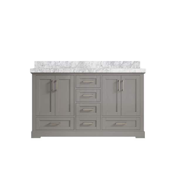 Willow Collections Boston 60 in. W x 22 in. D x 36 in. H Double Sink Bath Vanity in Elephant Gray with 2 in. Carrara Marble Top
