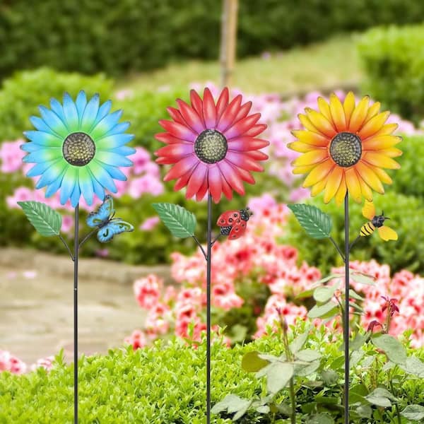 3-Pack Metal Flower Garden Stakes-Colorful Waterproof Decor for