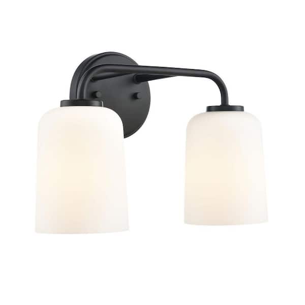 Laphia 14 in. 2-Light Matte Black Vanity Light with Etched Opal Glass Shades