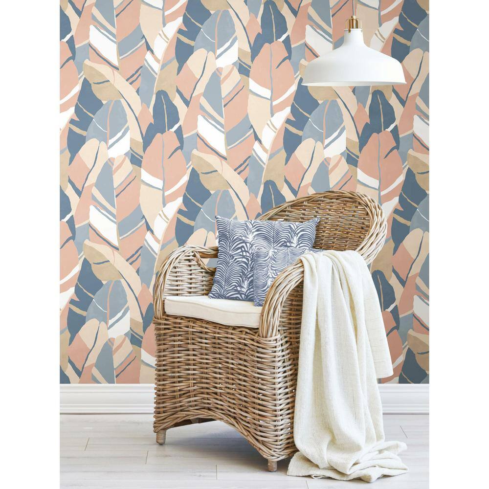 Blue and Beige Vinyl Tropical Peel and Stick Wallpaper Roll