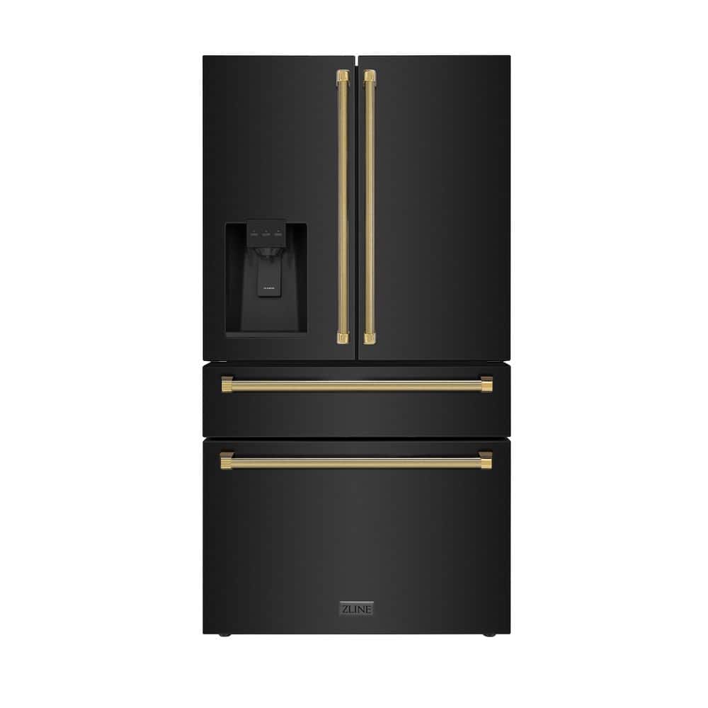 ZLINE Kitchen and Bath Autograph Edition 36 in. Counter-Depth French Door 22.5 cu ft Refrigerator in Black Steel with Gold Helix Handles