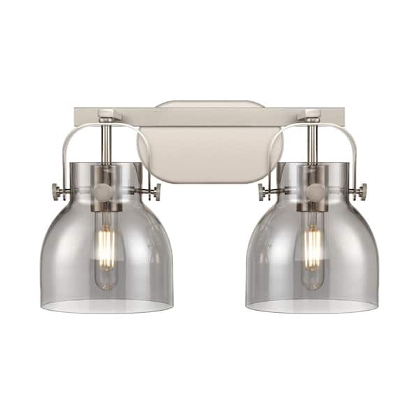 Innovations Pilaster II Bell 17 in. 2-Light Satin Nickel Vanity Light with Glass Shade
