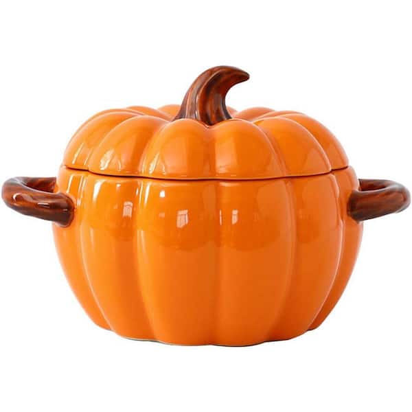 1.7 qt. Pumpkin Shape Ceramic Dutch Oven Pot with Lid in Orange, Glossy Porcelain Mini Baking Dish, Covered Saucepan