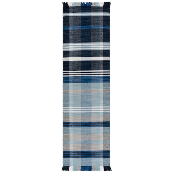 Striped Kilim 2 ft. x 8 ft. Navy/Charcoal Coastal Casual Plaid Runner Rug