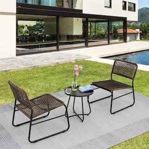 3 Pieces Mixture Pattern PE Rattan Wicker Steel Patio Furniture Set with Modern Round Table in Brown and Black
