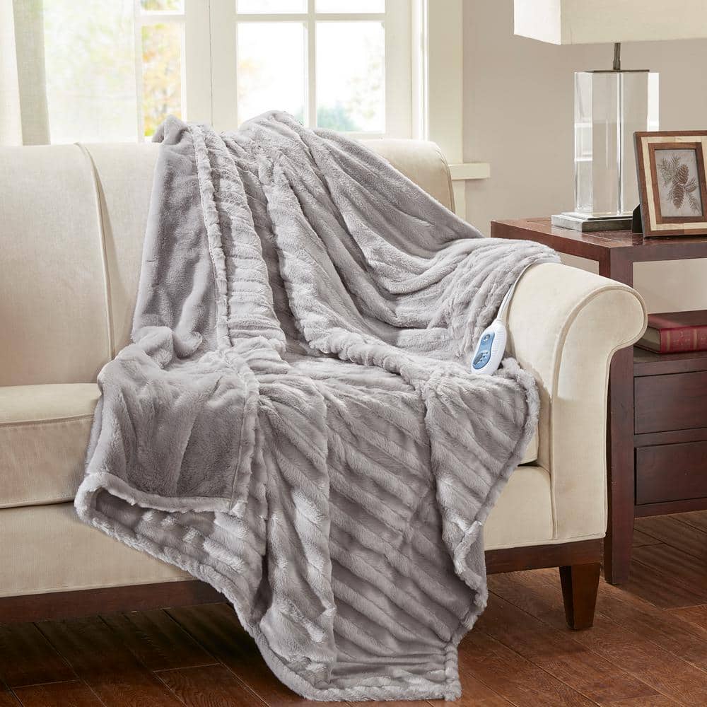 Oversized Gray Faux Fur Electric Heated Throw Blanket