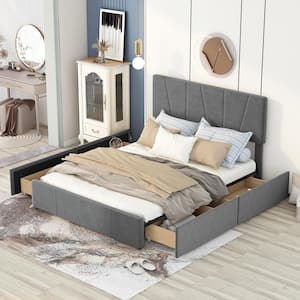 Harper & Bright Designs Channel-Tufted Gray Wood Frame Queen Size ...