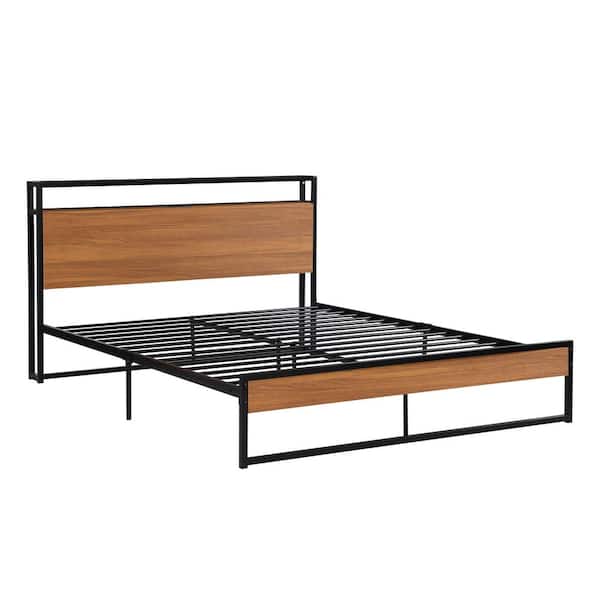 Polibi 62.00 in.W Black Metal Frame Queen Platform Bed with Sockets, USB Ports and Slat Support