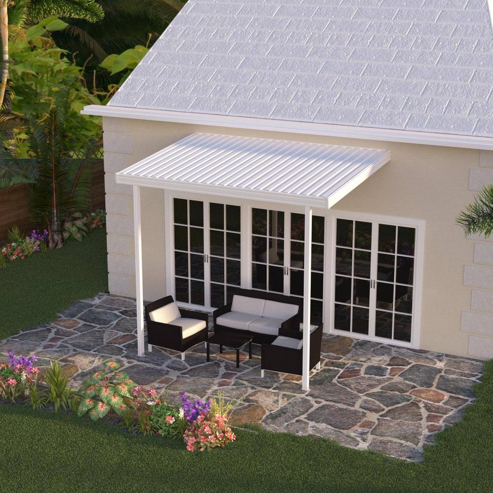 Integra 12 Ft X 8 Ft White Aluminum Attached Solid Patio Cover With 2 Posts 10 Lbs Live Load 1251006700812 The Home Depot
