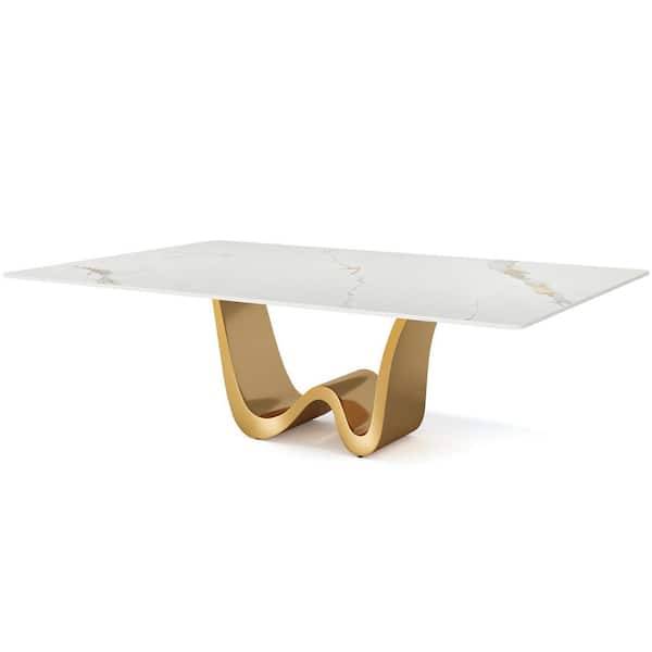 BYBLIGHT Roesler Modern White and Gold 78.74 in. Rectangle Sintered Stone with Gold W-Shaped Metal Pedestal Dining Table Seats 8