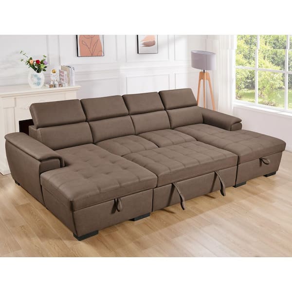 Bria Oversized 121 in. Faux Leather Convertible Sleeper U-Shaped Sectional Sofa Bed in Dark Brown with Storage Chaise