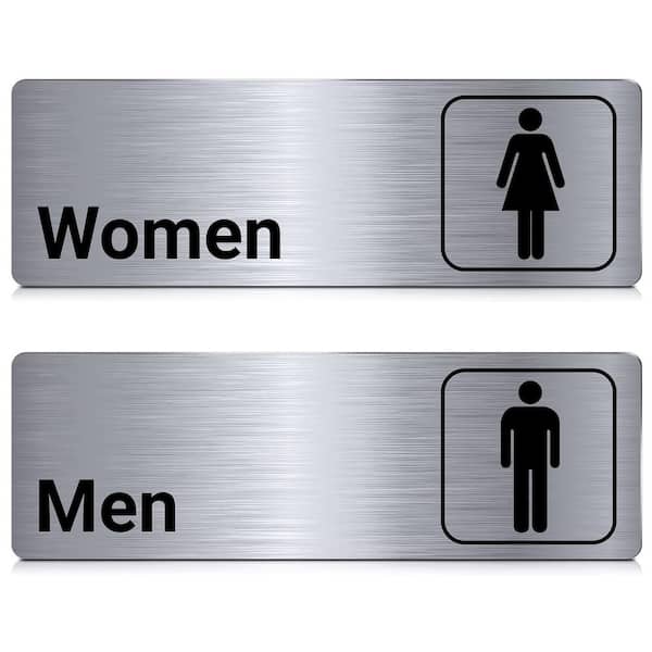 2-Pack 9 in. Aluminum Self-adhesive Bathroom Door Signs Men Women Metal Restroom Wall Signage Decor