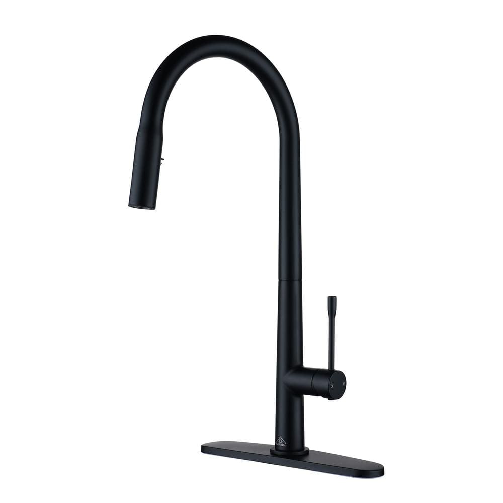 Boyel Living 2-Spray Patterns Single Handle Pull Down Sprayer Kitchen Faucet with Deckplate and Water Supply Hoses in Matte Black