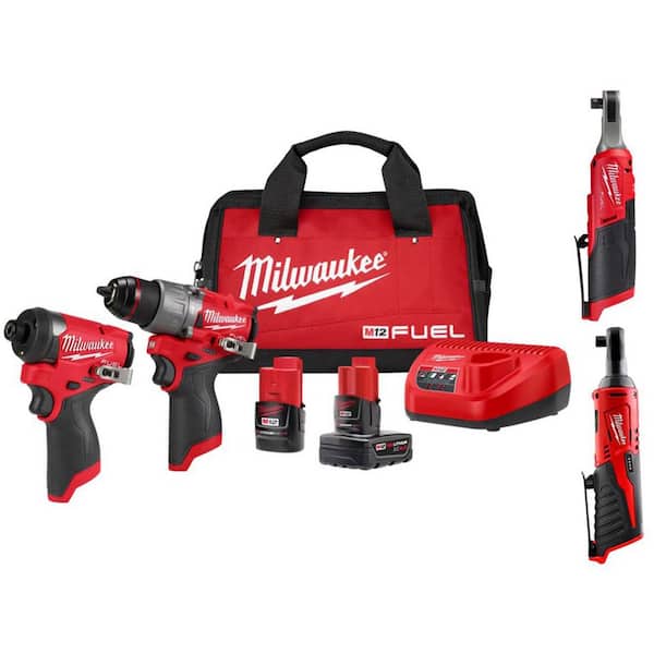 Milwaukee M12 FUEL 12-Volt Li-Ion Brushless Cordless Hammer Drill & Impact Driver Combo Kit w/2 Batteries, 3/8 Ratchet (4-Tool)