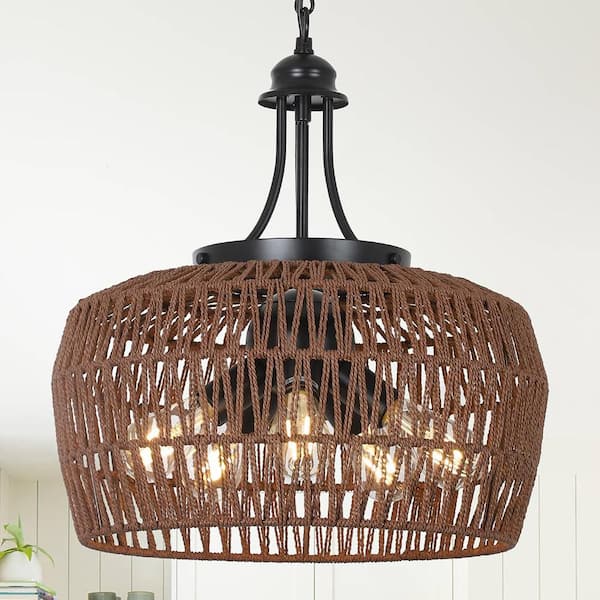 5-Light Black Rattan Boho Chandelier with Brown Wicker Lampshade and No Bulbs Included