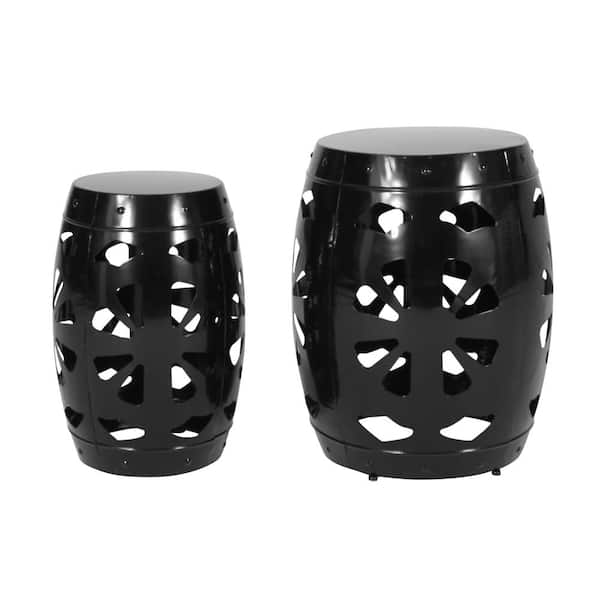 Noble House Burke Haven Black Barrel Metal Outdoor Patio Side Tables (Set of 2)
