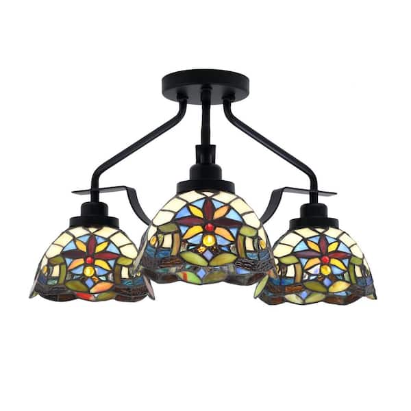 Unbranded Zara 17 in. 3-Light Matte Black Semi-Flush with 7 in. Earth Star Art Glass Shades No Bulbs Included