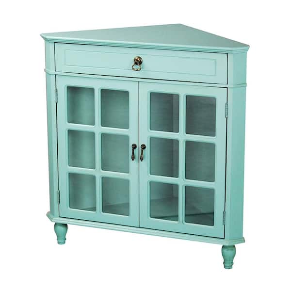 HomeRoots Shelly Assembled Turquoise Wood 31 in. x 31 in. x 17 in. Glass Corner Pantry/Utility Cabinet with a Drawer