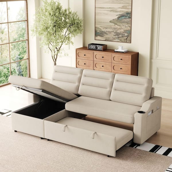 aisword Beige 83.5" Convertible Polyester Sleeper Full Size Sofa Bed with Pullout Bed, Storage Recliner & Cup Holders