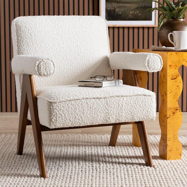 Baxton Studio Georgina Cream and Walnut Brown Boucle Fabric Arm Chair