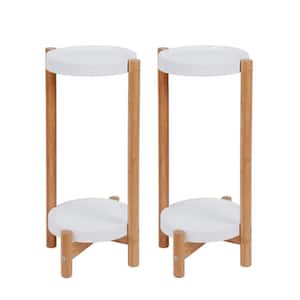 2-Tier Bamboo Plant Stand 21.7 in. Tall Flower Pot Display Shelf Nordic Style Wooden Rack with White Shelves (2-Pack)