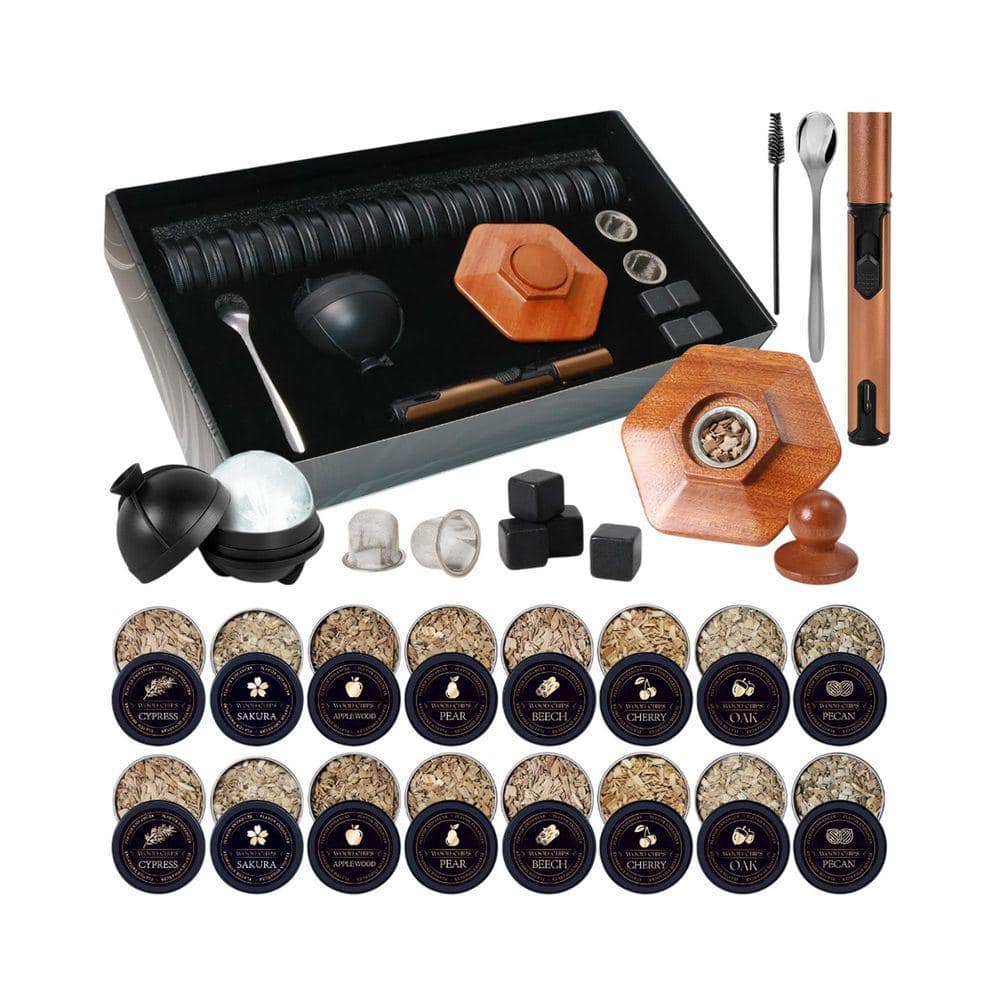 Lynzavix 27-Piece Brown Oak Wood Whiskey Smoker Kit Cocktail