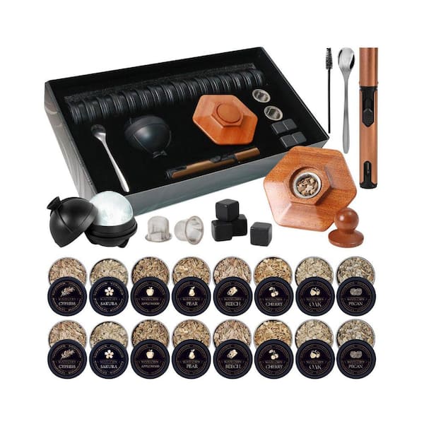27-Piece Brown Oak Wood Whiskey Smoker Kit Cocktail Infuser Set with with Torch-12 Wood Chips, Ice Ball Mold