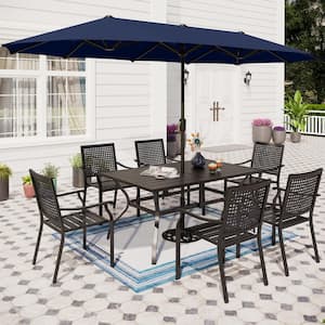 8-Piece Metal Patio Outdoor Dining Set with Navy Umbrella