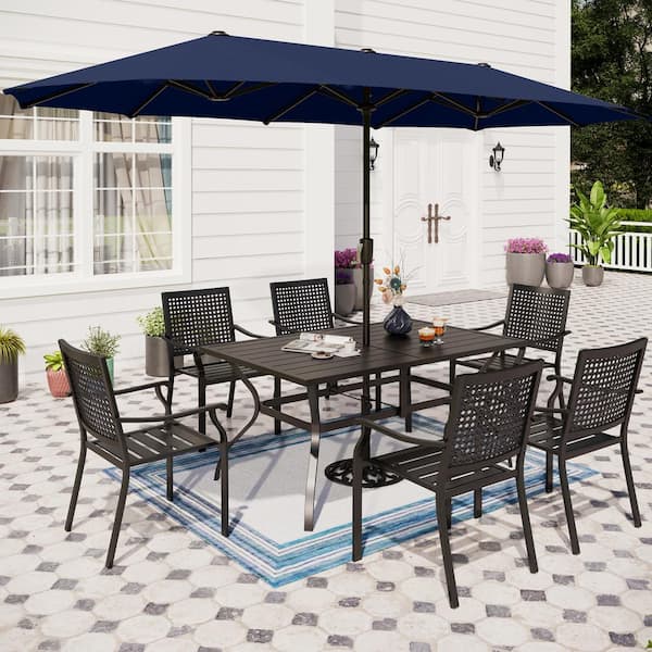 PHI VILLA 8-Piece Metal Patio Outdoor Dining Set with Navy Umbrella