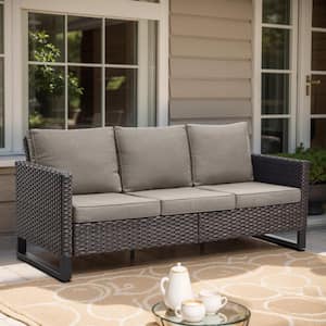 U-Weave Metal and Brown Wicker Outdoor 3-Seat Sectional Couch Sofa with Olefin Gray Cushions