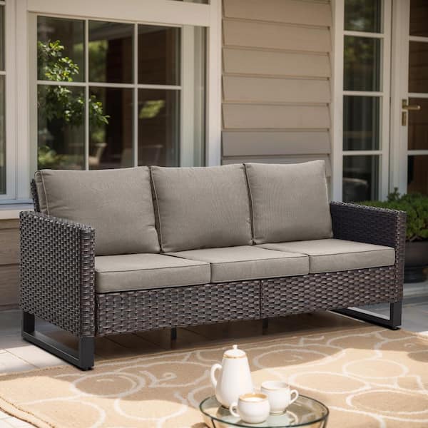 Brown Wicker Outdoor Couch, Rattan Wicker 3-Seat Sofa High Back Couch with Gray Cushions for Garden Backyard