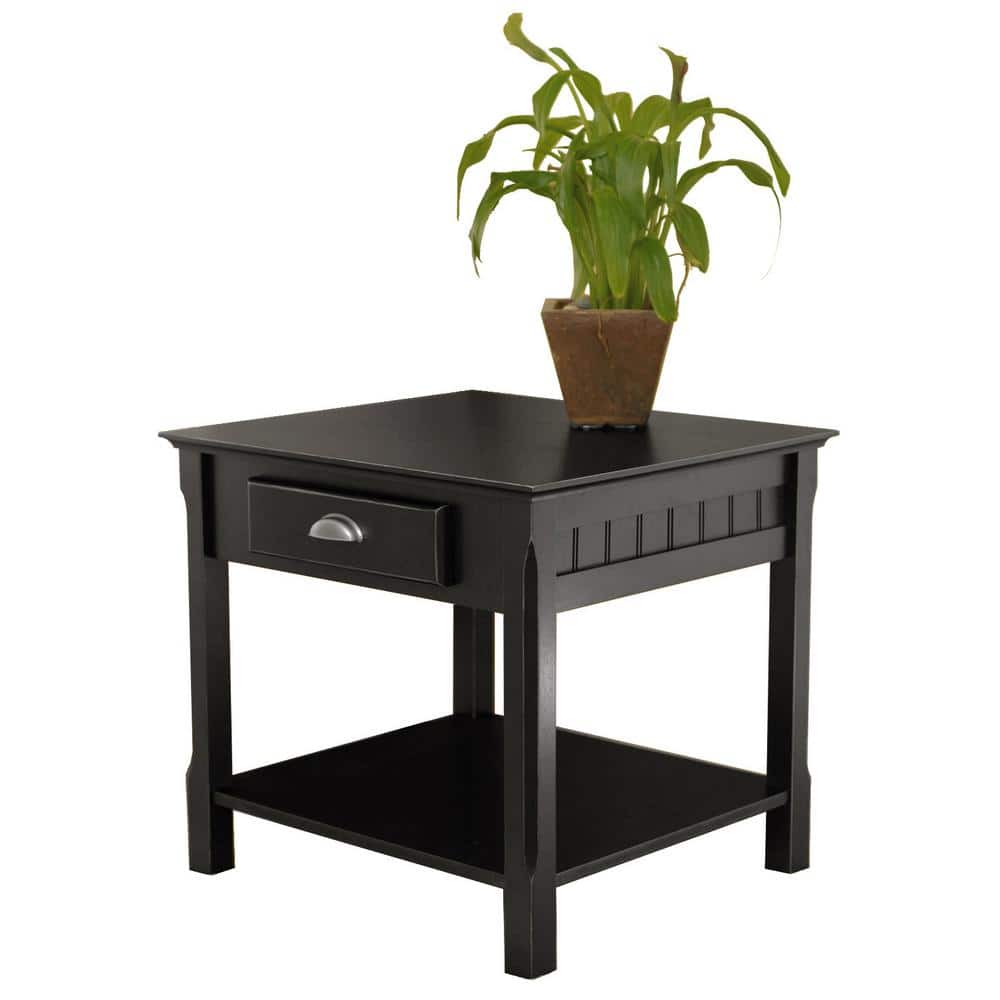Transitional Timber Black Wood End Table with Drawer and Shelf