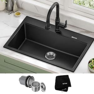 Drop-in/Undermount Granite Composite 31 in. 1- Hole Single Bowl Kitchen Sink Kit in Black