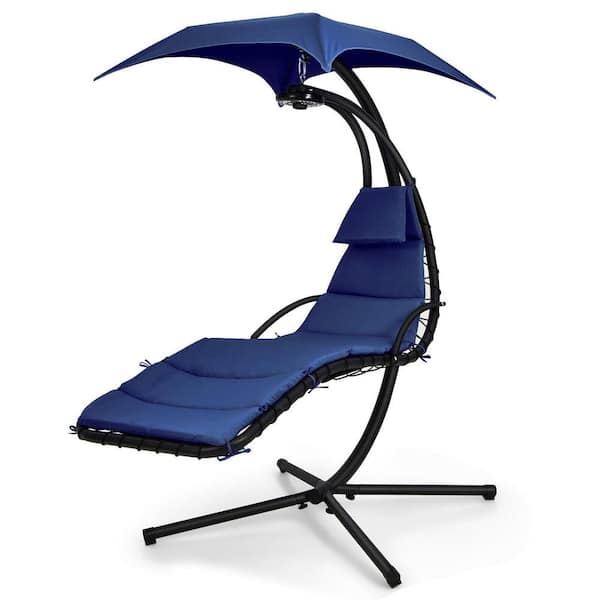 ANGELES HOME Metal Hanging Curved Swing Chaise Outdoor Lounger Chair With Removable Canopy and Overhead Light With Navy Cushion