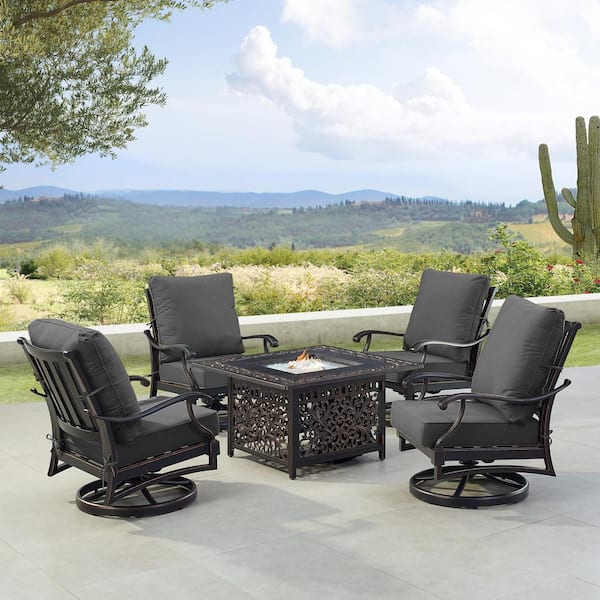 Oakland Living Black 5-Piece Aluminum Patio Fire Table Set with Black Cushions