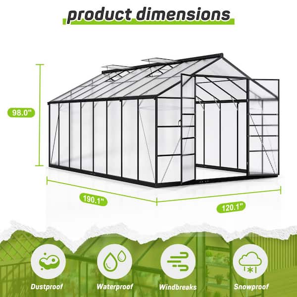 10 ft. W x 16 ft. D Greenhouse for Outdoors, Polycarbonate Greenhouse with Quick Setup Structure and Roof Vent, Black