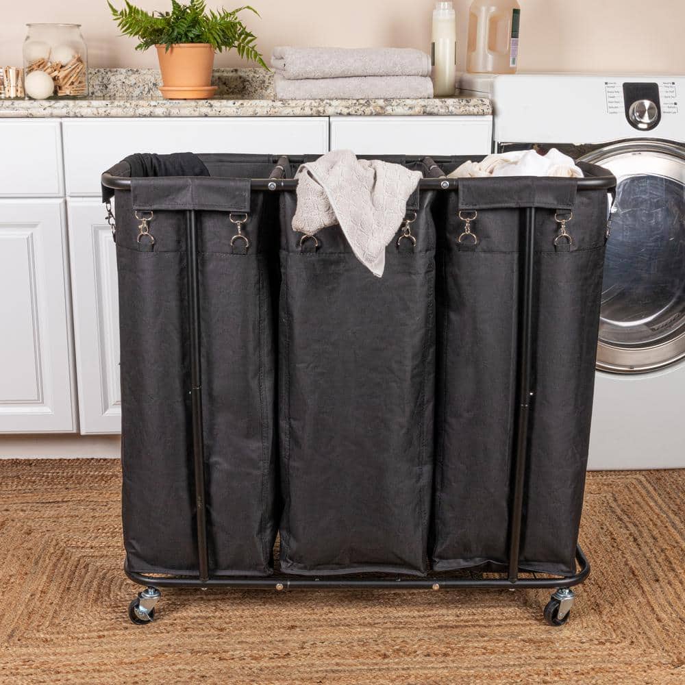 Black Metal 3-Bag Rolling Laundry Sorter with Wheels