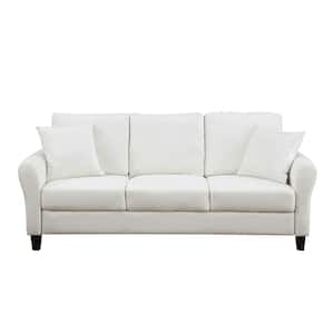 78 in. W White Wood Outdoor Couch and 2 Pillows, 3 Seater Sofa with Plastic Legs with White Cushions