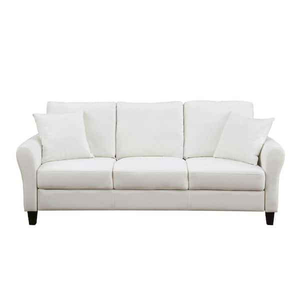 Sudzendf 78 in. W White Wood Outdoor Couch and 2 Pillows, 3 Seater Sofa with Plastic Legs with White Cushions