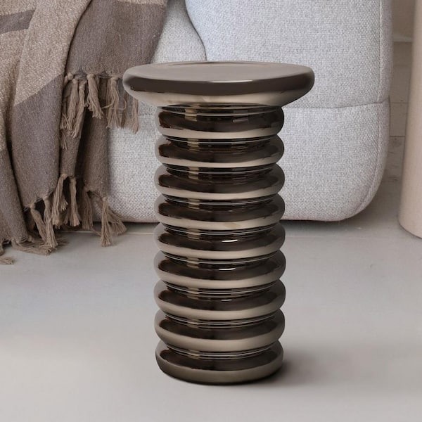 19.9 in. Chrome Glaze Backless Ceramic Stoneware Ribbed Stool