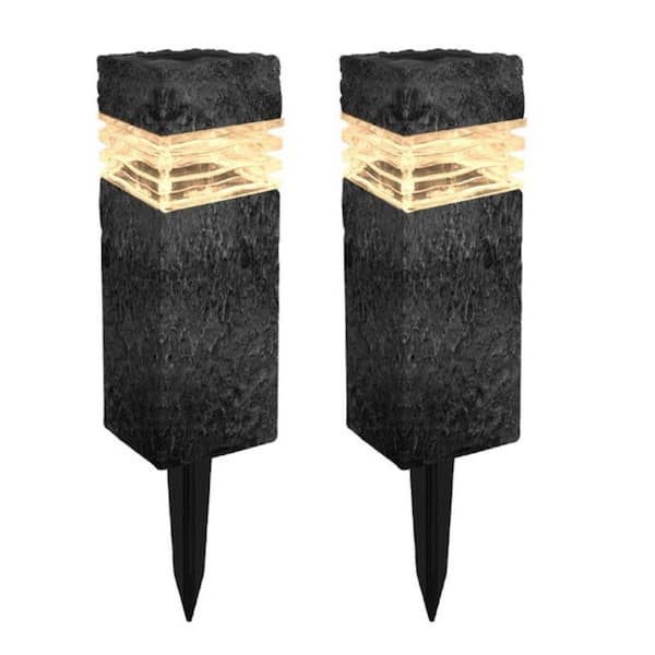 Hampton Bay Charcoal Stone Integrated LED Outdoor Solar Landscape Rock Pillar Path Light 2-Pack