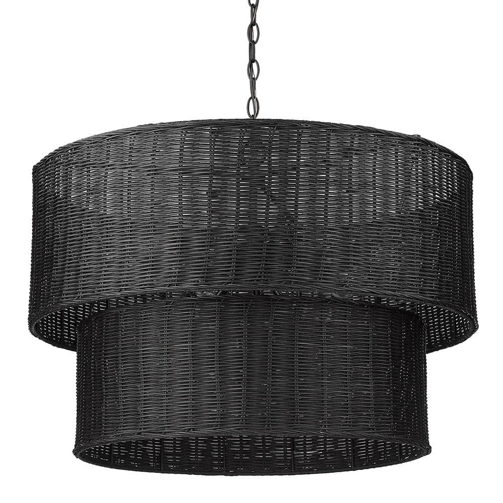 Erma Bohemian-Chic Black Wicker and Steel 9-Light Chandelier
